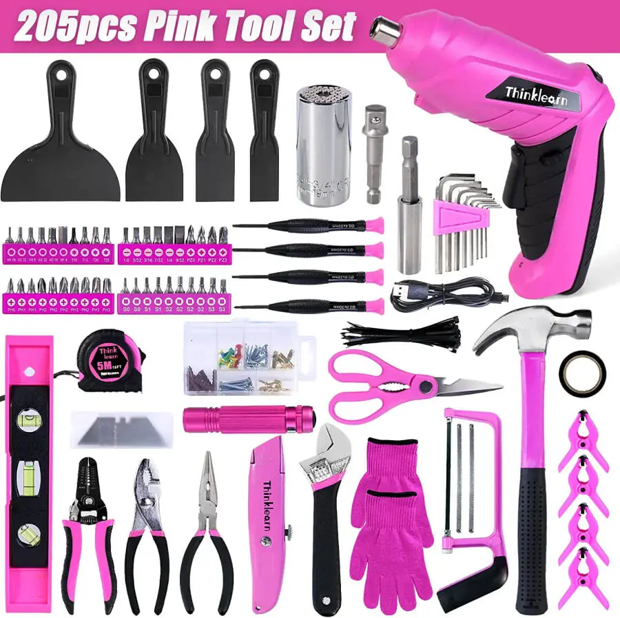 Pink Tool Set, 205 Piece Home Tool Kit with 3.6V Electric Screwdriver and Universal Sockets Tools, Pink Tool Kit with Storage Tool Bag, Tool Sets for Women, for Gift, Home Repair, Dorm- - 4