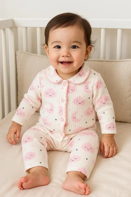 Pembe Ay yıldız bulutlu Pamuk kız bebek takım-Pembebulutlu - 4