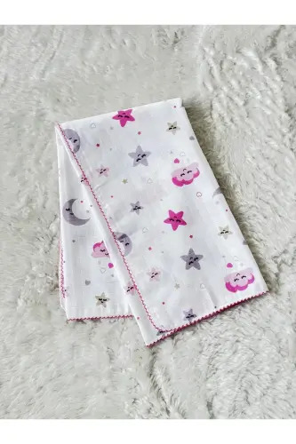 Pembe Ayyıldız Bulut Desenli Müslin Kumaş Kız Bebek Kundak Battaniye Müslin - Pembe ayyıldız - ANNE DOKUNUŞU GIBI KUZUM BEBE (1)