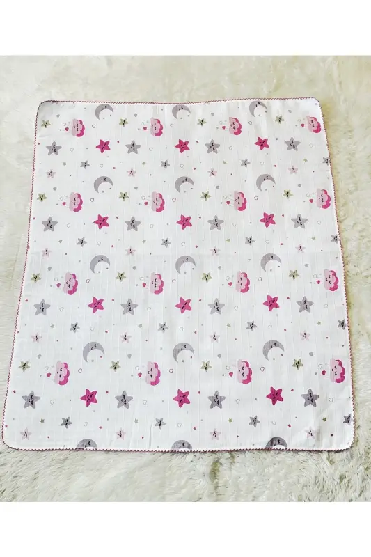 Pembe Ayyıldız Bulut Desenli Müslin Kumaş Kız Bebek Kundak Battaniye Müslin - Pembe ayyıldız - 3