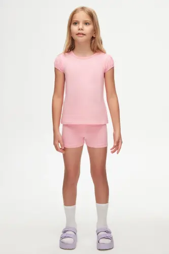 Pembe Basic Kız Çocuk Sıfır Yaka Karpuz Kol Tişört - PEONY PINK 