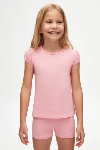 Pembe Basic Kız Çocuk Sıfır Yaka Karpuz Kol Tişört - PEONY PINK - LOVETTI (1)
