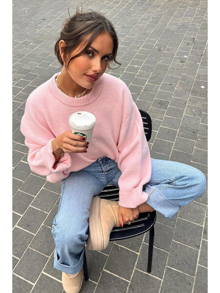 Pembe Bisiklet Yaka Oversize Triko Kazak Mg1969-Pembe - 8