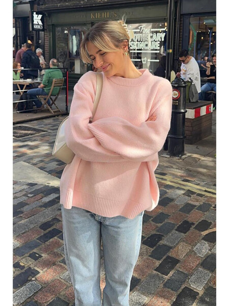 Pembe Bisiklet Yaka Oversize Triko Kazak Mg1969-Pembe - 5