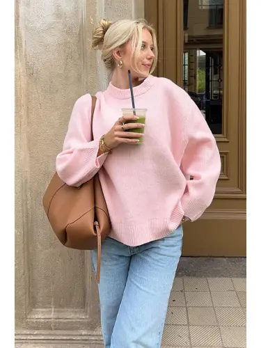 Pembe Bisiklet Yaka Oversize Triko Kazak Mg1969-Pembe - 3