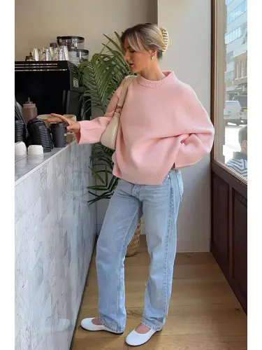 Pembe Bisiklet Yaka Oversize Triko Kazak Mg1969-Pembe - 4