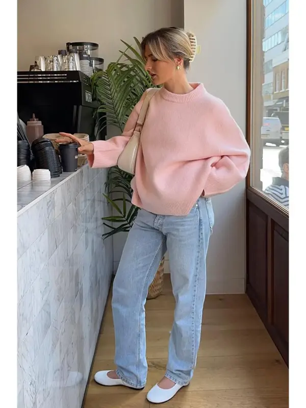 Pembe Bisiklet Yaka Oversize Triko Kazak Mg1969-Pembe - 4