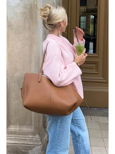 Pembe Bisiklet Yaka Oversize Triko Kazak Mg1969-Pembe - 6
