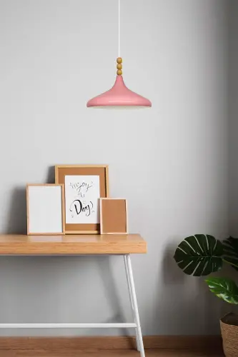 Pembe Champion Ahşap Boncuklu Tekli Avize Sarkıt Salon Mutfak Butik Lamba-Pembe - 3