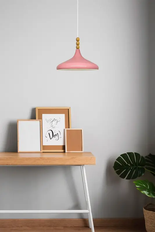 Pembe Champion Ahşap Boncuklu Tekli Avize Sarkıt Salon Mutfak Butik Lamba-Pembe - 3