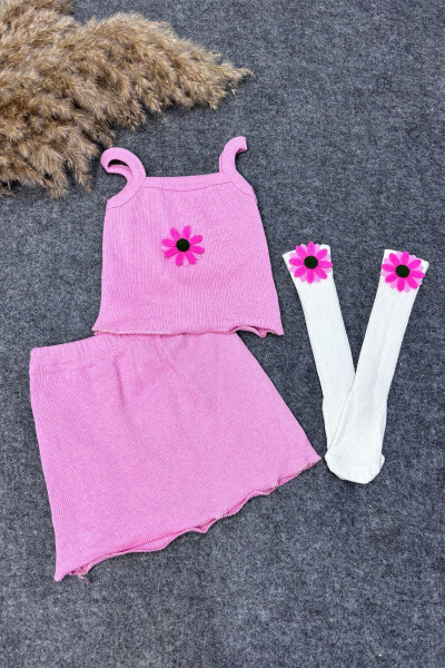 Pembe Çiçek Aksesuarlı Fitilli Crop Etek Kombin Set - ADABEBEK