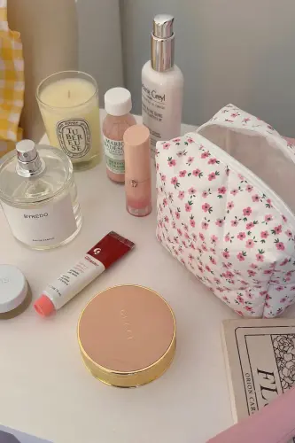 Pembe Çıtır Çiçek Makyaj Çantası-Beyaz25 - BAHELS (1)