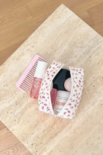 Pembe Çıtır Çiçek Makyaj Çantası-Beyaz25 - 3