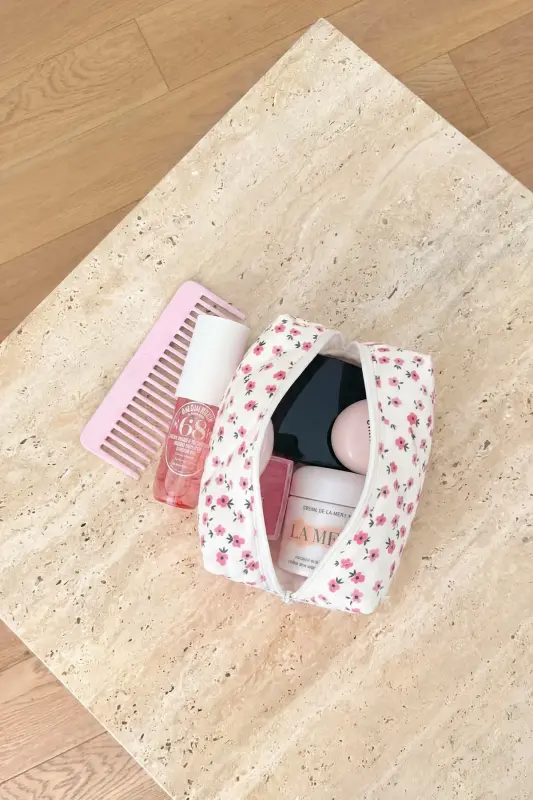 Pembe Çıtır Çiçek Makyaj Çantası-Beyaz25 - 3