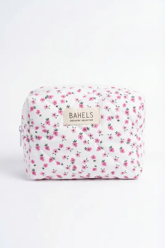 Pembe Çıtır Çiçek Makyaj Çantası-Beyaz25 - 4
