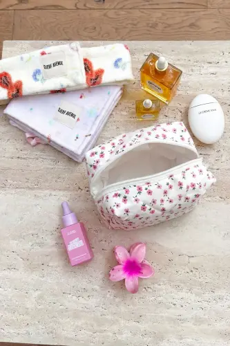 Pembe Çıtır Çiçek Makyaj Çantası-Beyaz25 