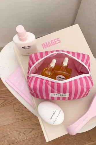 Pembe Çizgili Makyaj Çantası-Pembe26 - 1