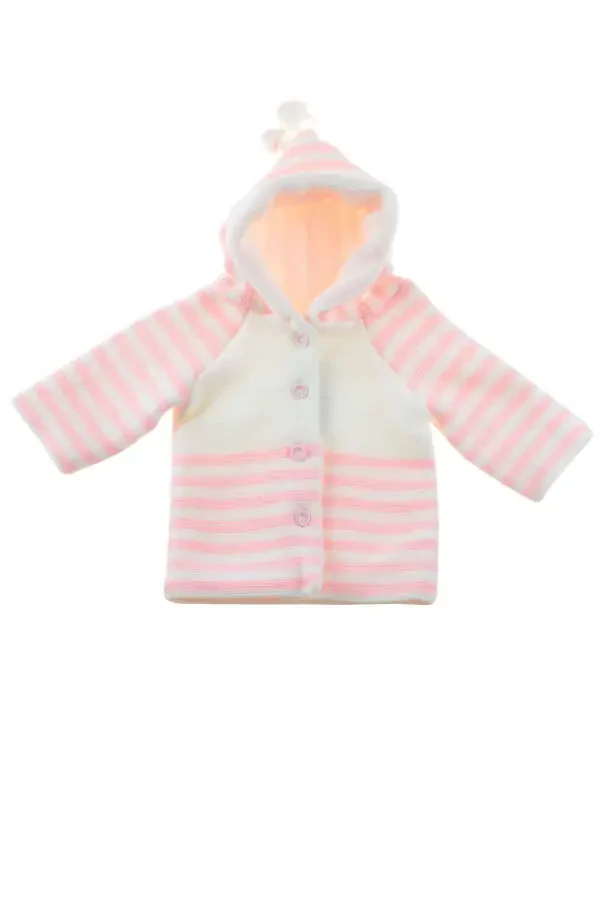 Pembe Çizgili Örme Bebek Hırkası - 1