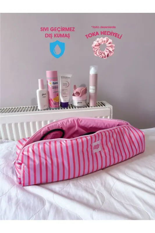 Pembe Çizgili Saç Maşa Düzleştirici Çantası Sıvı Geçirmez Airwrap Airstrait Uyumlu Seyahat Çantası-Pembe Çizgili - 1