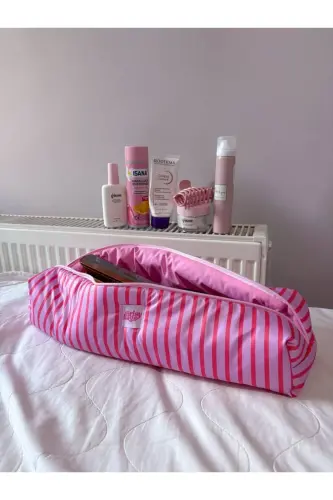 Pembe Çizgili Saç Maşa Düzleştirici Çantası Sıvı Geçirmez Airwrap Airstrait Uyumlu Seyahat Çantası - Pembe Çizgili - 6