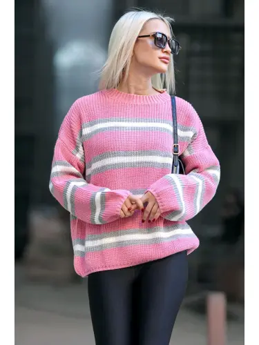Pembe Çizgili Triko Kazak Mg1244-Pembe - 1