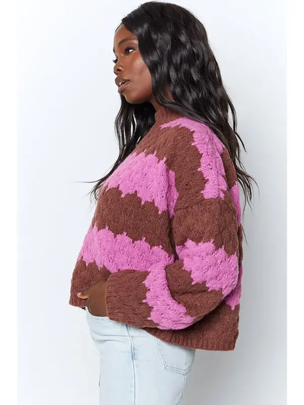Pembe Desenli Oversize Kazak Mg1205-Pembe - 1
