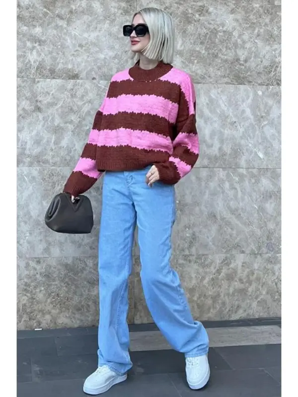Pembe Desenli Oversize Kazak Mg1205-Pembe - 5