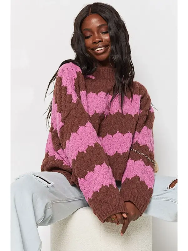 Pembe Desenli Oversize Kazak Mg1205-Pembe - 6