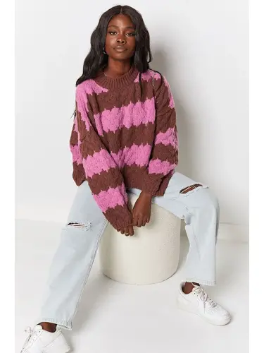Pembe Desenli Oversize Kazak Mg1205-Pembe - 8