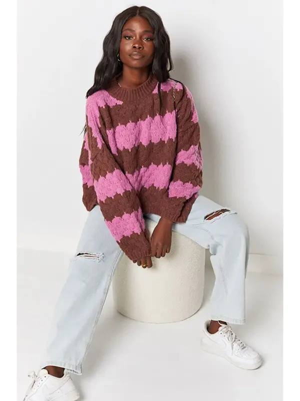 Pembe Desenli Oversize Kazak Mg1205-Pembe - 8