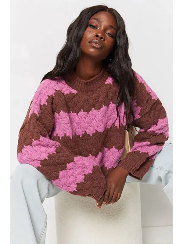 Pembe Desenli Oversize Kazak Mg1205-Pembe - 10