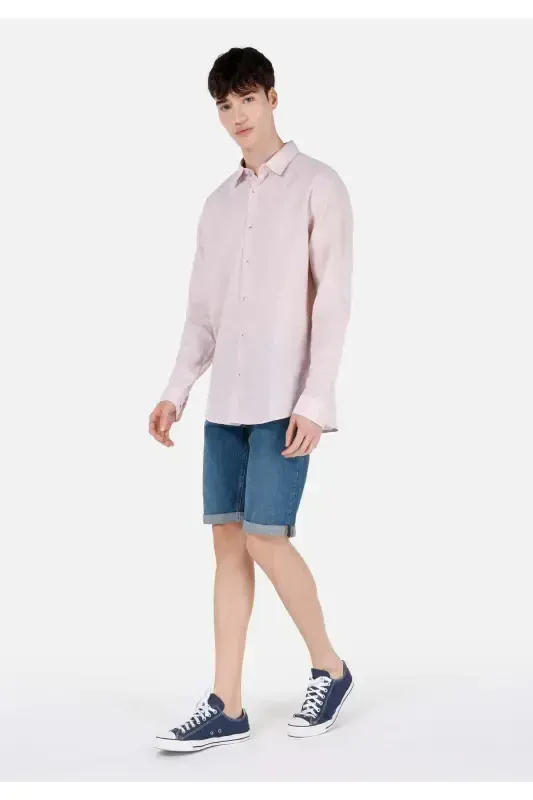 Comfort Fit Shirt Neck Düz Erkek Pembe Uzun Kol Gömlek - 3