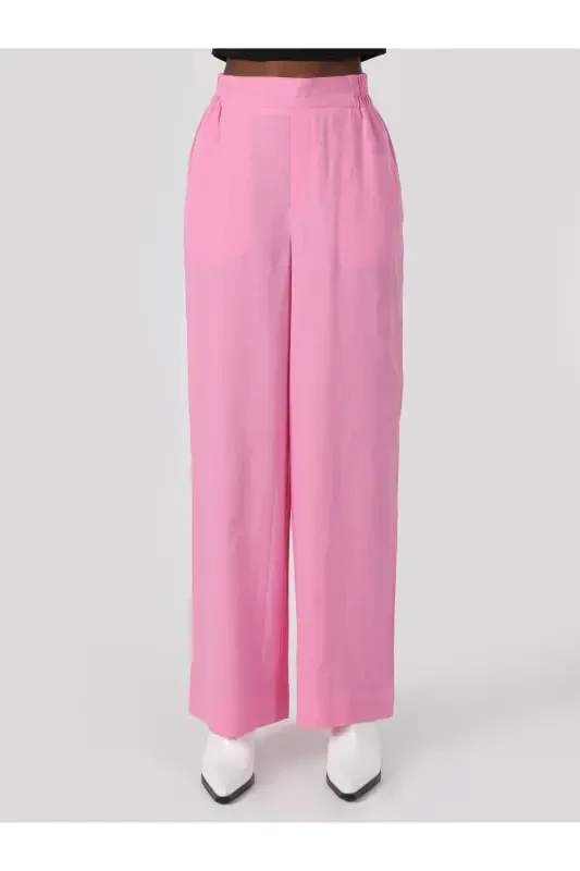 Regular Fit Yüksek Bel Geniş Paça Kadın Pembe Pantolon - 4