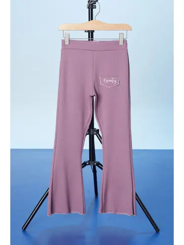 Pembe Gül Kurusu Beauty Yazı Nakışlı İspanyol Paça Kız Çocuk Tayt 18182-Pembe - 1