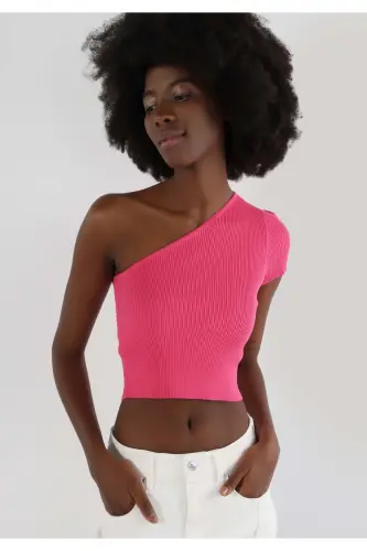Slim Fit Strappy Düz Kadın Pembe Kısa Kol Tişört - FUCHSIA - 1