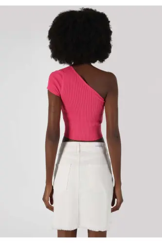 Slim Fit Strappy Düz Kadın Pembe Kısa Kol Tişört - FUCHSIA - 2