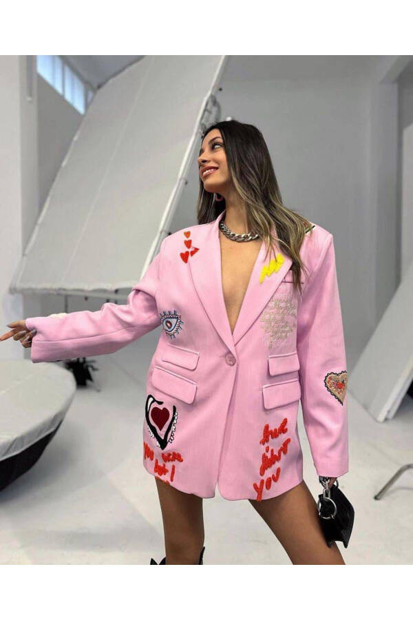 Pembe İşlemeli Tasarım Blazer Ceket - 4