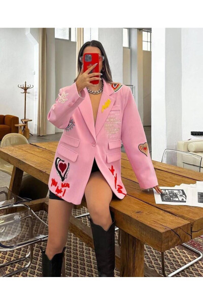 Pembe İşlemeli Tasarım Blazer Ceket - 5