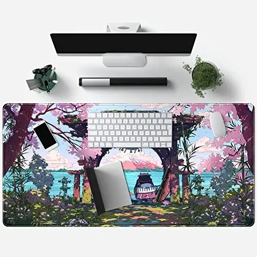 Pink Japan Desk Pad Anime Gaming Green Mouse Pad Large Mouse Pad For Desk Computer Pc Laptop Office Decor For Women, Anime Mouse Keyboard Pad Stitched Edges Non-Slip Rubber Mat Desk Pad (31.5x15.7 In) - 4