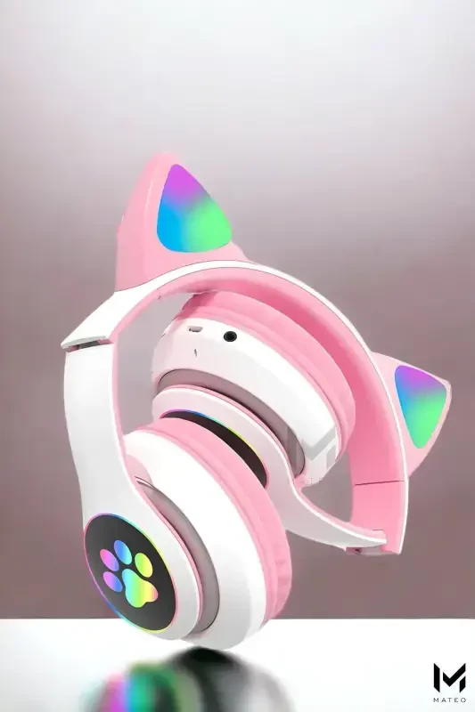 Pembe Kedi Kulaklı Bluetooth Kulaklık | LED Işıklı | Katlanabilir | Kablosuz | Renkli Pati Led-PEMBE - 4