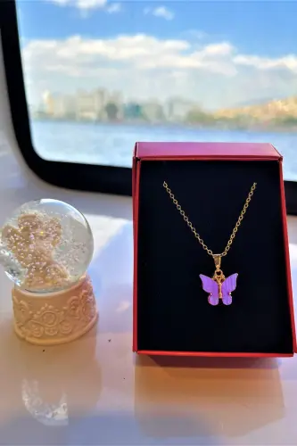 Pembe Kelebekli Kolye Kar Küresi Hediye Seti Doğum Günü Hediyesi Arkadaşa Sevgiliye Set Hediyelik Anneye Hediye - 3