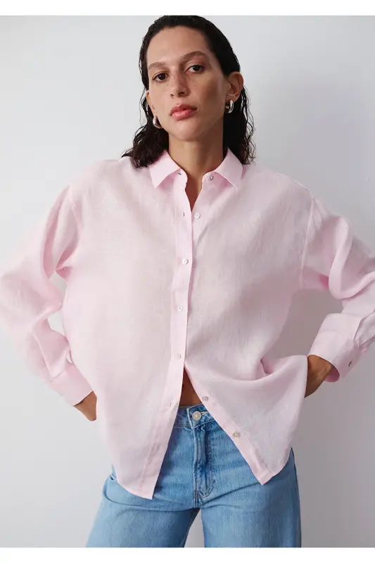 Pembe Keten Gömlek Loose Fit / Bol Rahat Kesim 1210747-90773 - Pembe - 2