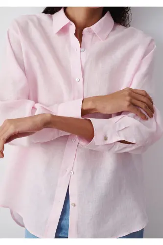 Pembe Keten Gömlek Loose Fit / Bol Rahat Kesim 1210747-90773 - Pembe - 3