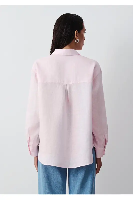Pembe Keten Gömlek Loose Fit / Bol Rahat Kesim 1210747-90773 - Pembe - 5