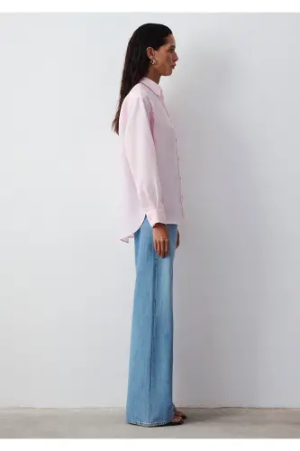 Pembe Keten Gömlek Loose Fit / Bol Rahat Kesim 1210747-90773 - Pembe - 6