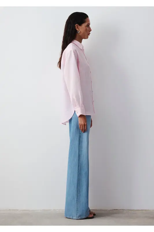 Pembe Keten Gömlek Loose Fit / Bol Rahat Kesim 1210747-90773 - Pembe - 6