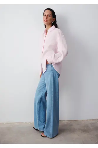 Pembe Keten Gömlek Loose Fit / Bol Rahat Kesim 1210747-90773 - Pembe 