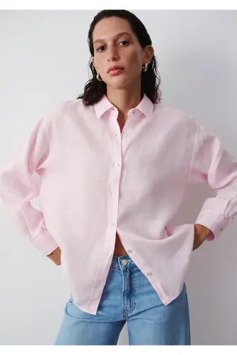 Pembe Keten Gömlek Loose Fit / Bol Rahat Kesim 1210747-90773 - Pembe - MAVI (1)