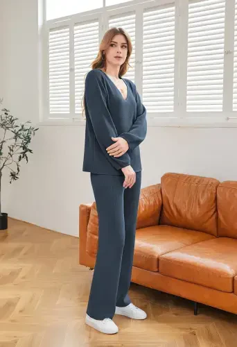 Pink Queen Women's 2 Piece Outfits Casual V Neck Knit Wide Leg Sweater Lounge Set Sweatsuit- - PINK QUEEN (1)