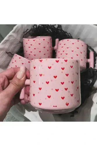 Pembe Kalpli Kupa Bardak Ve Altlık Seti-Sevgiliye Arkadaşa Doğum Günü Hediyesi - GLOWOOW (1)